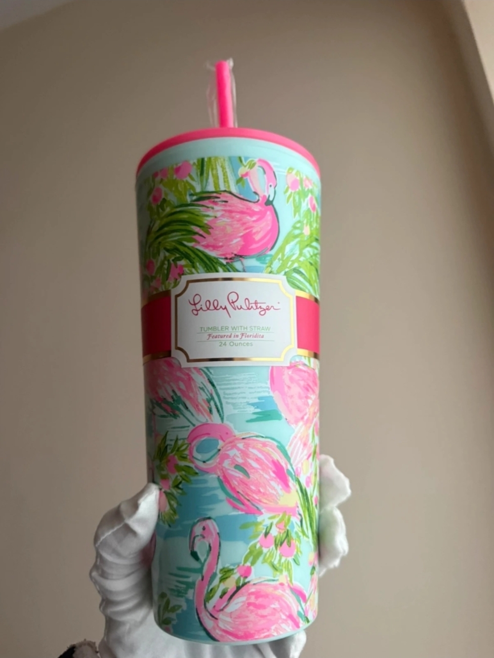 Lilly Pulitzer Flamingo Tumbler 24oz NWT Pink Green Preppy Beach Cup w/ Straw